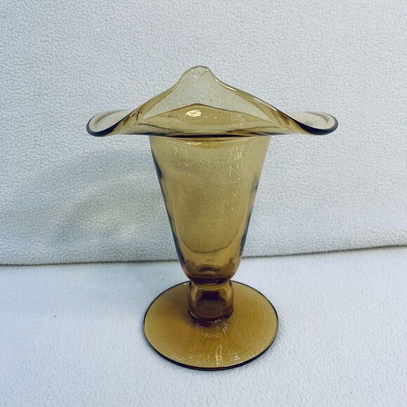 MCM Vtg Hand-Blown Amber Glass Yellow Vase Folded Open Top Pedestal Much Detail - Picture 3 of 16